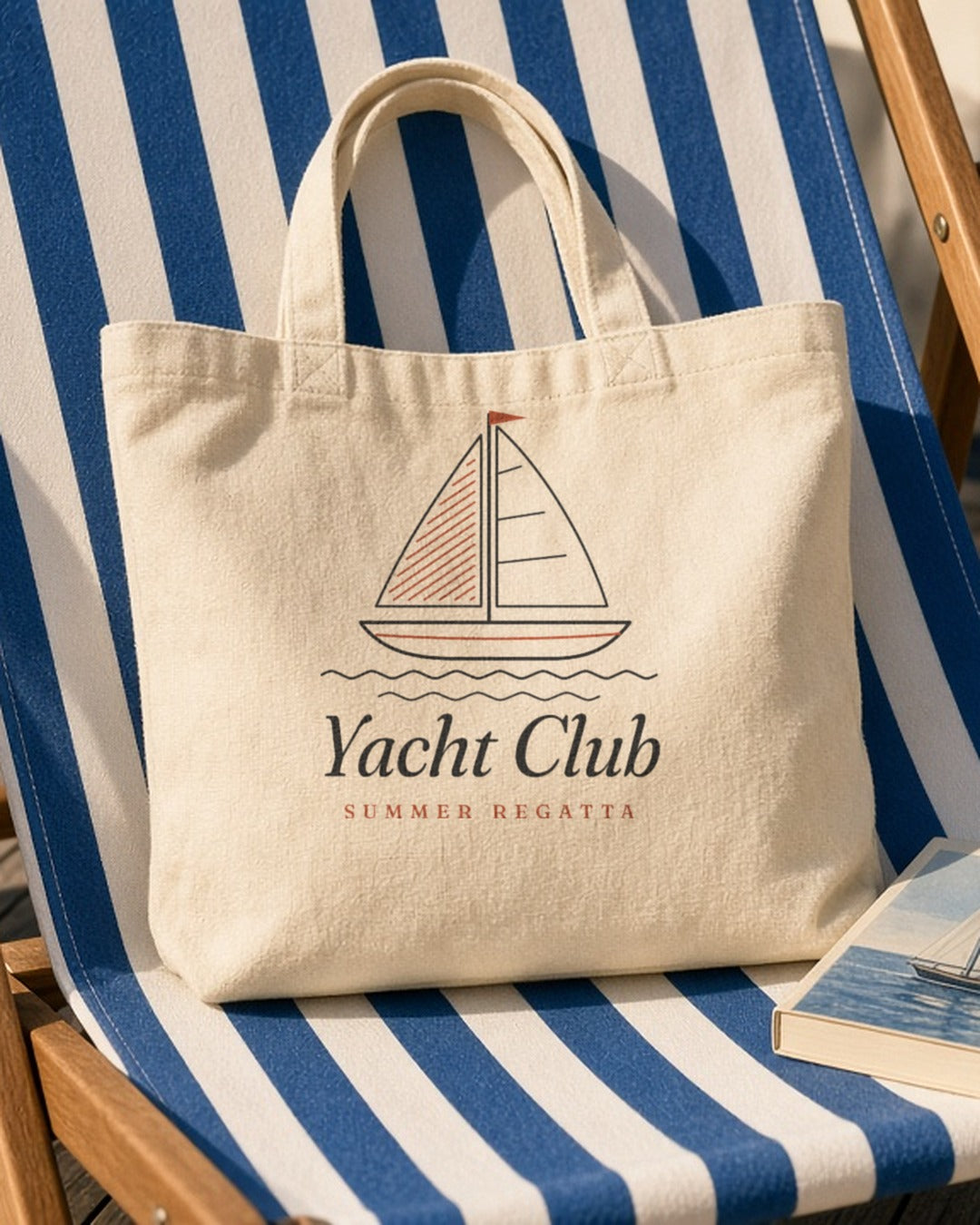 The Yacht Club Tote in Oyster, the tote on a striped deck chair with a paperback and a lemon soda
